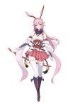  1girl absurdres animal_ears bangs bare_shoulders boots cl44507 closed_mouth fox_ears fox_mask full_body highres honkai_(series) honkai_impact_3rd japanese_clothes katana knee_boots long_hair looking_at_viewer mask miko pink_hair pink_skirt purple_eyes purple_footwear shorts simple_background skirt solo sword tachi-e thighhighs weapon white_background white_shorts white_sleeves white_thighhighs yae_sakura yae_sakura_(gyakushinn_miko) 