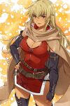  1girl absurdres bangs belt black_gloves blonde_hair breasts brown_belt brown_cape cape cleavage commission dark-skinned_female dark_skin dress elbow_gloves fingerless_gloves fire_emblem fire_emblem:_the_binding_blade gloves hand_on_hip highres igrene_(fire_emblem) kanmiya_shinobu large_breasts long_hair looking_at_viewer mole mole_under_eye nail_polish parted_lips pink_nails red_dress side_slit simple_background skeb_commission sleeveless sleeveless_dress solo yellow_eyes 