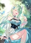  1girl absurdres antlers bangs bare_shoulders bird blush breasts ceres_fauna cleavage closed_eyes collarbone dress forest green_dress green_hair heiyan_shenshi highres hololive hololive_english large_breasts long_hair nature open_mouth smile solo thighs virtual_youtuber 