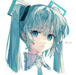  1girl absurdres ahoge aqua_eyes aqua_hair aqua_necktie bangs closed_mouth deep_(deep4946) frilled_shirt_collar frills hair_between_eyes hatsune_miku head_only highres long_hair looking_at_viewer messy_hair necktie portrait shaded_face simple_background solo twintails vocaloid white_background 