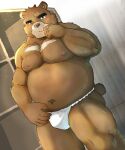  2022 absurd_res anthro asian_clothing belly black_nose blush brown_body brown_eyes brown_fur chest_markings clothed clothing countershade_snout countershading east_asian_clothing fundoshi fur hi_res inside japanese_clothing juuichi_mikazuki kakukaku male mammal markings morenatsu multicolored_body multicolored_fur musclegut muscular muscular_anthro muscular_male muscular_thighs navel nipples pecs portrait shelf snout solo tan_body tan_fur three-quarter_portrait two_tone_body two_tone_fur underwear underwear_only ursid video_games visual_novel white_clothing white_fundoshi white_underwear 