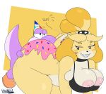  anal animal_crossing anthro areola bent_over big_breasts big_butt black_eyes blonde_hair bra breasts butt canid canine canis clothing dipstick_tail domestic_dog duo english_text female footwear frosting frosting_on_butt hair half-closed_eyes hand_on_butt hat headgear headwear hi_res huge_butt isabelle_(animal_crossing) male male/female mammal markings mostly_nude narrowed_eyes nintendo nipples onomatopeia oral party_hat pink_areola pink_nipples purple_yoshi purps rimming sex shih_tzu shoes smile sound_effects tail_markings text thick_thighs thixxen toy_dog underwear video_games wide_hips yellow_body 
