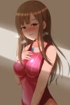  1girl absurdres breasts brown_hair come_hither competition_swimsuit condom condom_wrapper covered_navel hand_on_own_chest heart heart-shaped_pupils highres hime_cut idolmaster idolmaster_cinderella_girls long_hair mizumoto_yukari one-piece_swimsuit raindrop746079 red_swimsuit sweat swimsuit symbol-shaped_pupils 