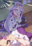  blue_eyes brooch cure_earth dog dress elbow_gloves forehead fuurin_asumi gloves hair_ornament head_wings healin&#039;_good_precure heart heart_hair_ornament house jewelry latte_(precure) leaf_hair_ornament looking_at_viewer open_mouth outdoors precure purple_dress purple_hair signature sitting sleeping sliding_doors tatami tiara tiler_(tiler00) wavy_hair white_gloves wooden_floor 