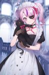  1girl ahoge alternate_costume apron bangs belt black_cat black_choker black_dress black_gloves bow bowtie breasts carrying carrying_under_arm cat choker cleavage dress enmaided eyepatch fishnet_gloves fishnets frills gloves hair_bow hair_tie heart heart_ahoge highres looking_at_viewer maid maid_apron maid_headdress mansion maria_marionette medium_hair multicolored_hair nijisanji nijisanji_en one_eye_covered pink_belt pink_bow pink_bowtie pink_hair puffy_short_sleeves puffy_sleeves purple_eyes purple_hair short_sleeves short_twintails skirt small_breasts smile solo streaked_hair twintails virtual_youtuber vziu waist_apron white_apron 