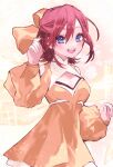  1girl absurdres bangs blush breasts cleavage cleavage_cutout clothing_cutout dress hair_ribbon highres kaname_buccaneer macross macross_delta medium_breasts open_mouth orange_ribbon purple_dress red_hair ribbon sechi_(stst1850) short_hair smile solo 