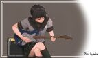  1girl black_hair black_skirt closed_eyes crossed_legs electric_guitar fender_stratocaster fubuki_(kancolle) fubuki_kai_ni_(kancolle) guitar highres instrument kantai_collection ken_hayasaka low_ponytail marshall miniskirt music playing_instrument pleated_skirt ponytail school_uniform serafuku short_ponytail short_sleeves sidelocks sitting skirt solo 