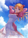  1girl arms_behind_head bangs blonde_hair blue_eyes bow breasts chrono_cross cloud cloudy_sky cowboy_shot dress hair_bow highres juliet_sleeves kid_(chrono_cross) long_hair long_sleeves looking_at_viewer medium_breasts official_alternate_costume outdoors pink_bow pink_dress puffy_sleeves sky smile solo turtleneck two-tone_dress white_dress yawaraka_bear 