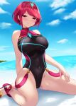  1girl bangs bare_shoulders beach black_swimsuit blue_sky blush breasts cait_aron chest_jewel covered_collarbone covered_navel earrings highleg highleg_swimsuit highres jewelry large_breasts looking_at_viewer ocean one-piece_swimsuit pyra_(pro_swimmer)_(xenoblade) pyra_(xenoblade) red_eyes red_hair red_swimsuit sandals shore short_hair sitting sky smile solo swept_bangs swimsuit thighs tiara two-tone_swimsuit wariza xenoblade_chronicles_(series) xenoblade_chronicles_2 