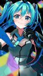  1girl absurdres aqua_necktie gloves green_eyes green_hair hatsune_miku highres holding holding_microphone long_hair looking_at_viewer microphone necktie smile smug solo tatyaoekaki twintails upper_body very_long_hair vocaloid 
