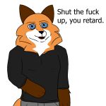  1:1 anthro black_clothing black_shirt black_topwear blue_eyes canid canine clothing dialogue english_text fangs fluffy fox fur insult insulting_viewer looking_at_viewer male mammal neck_tuft offensive profanity shirt simple_background solo talking_to_viewer text topwear tuft white_background winterfrostwastaken 