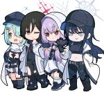  4girls atsuko_(blue_archive) backpack bag bangs baseball_cap black_footwear black_gloves black_hair black_headwear black_hoodie black_pants black_shirt blue_archive blue_eyes blue_gloves blue_hair boots breasts cabbie_hat chibi closed_mouth collared_shirt commentary commentary_request crop_top earrings full_body gloves groin hair_between_eyes hair_over_shoulder halo hand_in_pocket hand_up hat hiyori_(blue_archive) holding hood hood_down hood_up hooded_jacket hoodie jacket jewelry long_hair long_sleeves looking_at_viewer looking_away low_twintails medium_breasts midriff misaki_(blue_archive) multicolored_hair multiple_girls navel nyaru_(nyaru_4126) off_shoulder one_eye_closed open_clothes open_jacket open_mouth pants parted_lips pleated_skirt ponytail puffy_long_sleeves puffy_sleeves purple_hair red_eyes saori_(blue_archive) shirt shoes skirt sleeves_past_wrists smile socks standing stud_earrings sweat torn_clothes torn_pants twintails two-tone_hair v-shaped_eyebrows very_long_hair walking wavy_mouth white_background white_jacket white_shirt white_skirt white_socks 