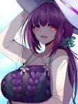  1girl bangs breasts fate/grand_order fate_(series) hair_between_eyes han_(jackpot) highres large_breasts long_hair looking_at_viewer open_mouth purple_hair red_eyes scathach_(fate) scathach_skadi_(fate) scathach_skadi_(swimsuit_ruler)_(fate) smile solo 