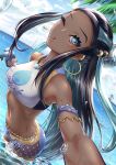  1girl absurdres aqua_eyes armlet bikini black_gloves breasts bro.you-yan cloud dark-skinned_female dark_skin earrings eyeshadow gloves gyaru hair_bun highres hoop_earrings jewelry kogal long_hair looking_at_viewer makeup medium_breasts multicolored_hair navel necklace nessa_(pokemon) ocean one_eye_closed open_mouth outstretched_arm partially_fingerless_gloves partially_submerged pokemon pokemon_(game) pokemon_swsh sky solo swimsuit taking_picture tankini two-tone_gloves two-tone_hair water_drop wet white_gloves 