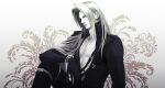  1boy bangs black_gloves black_jacket black_pants final_fantasy final_fantasy_vii gloves grey_hair greyscale hair_over_shoulder high_collar jacket long_bangs long_hair looking_at_viewer male_focus monochrome muscular muscular_male open_clothes open_jacket pants parted_bangs pectorals sephiroth sitting solo thigh_strap upper_body yui_(nightflight) 