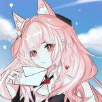  1girl animal_ears arknights blue_background braid breasts cleavage envelope extra_ears hair_intakes hair_ornament hand_up heart holding holding_envelope landequmingzihaomafanw looking_at_viewer pink_eyes pink_hair portrait pozyomka_(arknights) simple_background small_breasts solo wolf_ears wolf_girl 
