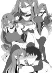  1boy 1girl bangs blush breasts collarbone elbow_gloves eyebrows_hidden_by_hair eyes_visible_through_hair fairy_knight_tristan_(fate) fate/grand_order fate_(series) from_behind fujimaru_ritsuka_(male) gloves greyscale hug kiss kumakichi_(cost-lost) large_breasts long_hair monochrome multiple_views no_eyes one-piece_swimsuit pointy_ears sex sex_from_behind simple_background swimsuit thighhighs white_background 