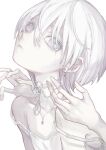  1boy androgynous choker colored_eyelashes crossdressing crying crying_with_eyes_open disembodied_limb earrings frown highres jewelry looking_back male_focus necklace original otoko_no_ko pale_skin parted_lips short_hair solo tank_top tears white_background white_hair white_theme ylu 