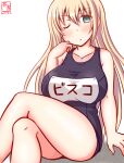  1girl artist_logo bismarck_(kancolle) black_swimsuit blonde_hair blue_eyes breasts commentary_request crossed_legs dated feet_out_of_frame kanon_(kurogane_knights) kantai_collection large_breasts long_hair looking_at_viewer name_tag one-hour_drawing_challenge one_eye_closed school_swimsuit simple_background sitting solo swimsuit white_background 