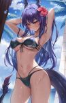  1girl arknights armpits arms_up bangs bare_arms bare_shoulders bikini blue_bikini blue_hair blue_sky blush breasts ch&#039;en_(arknights) ch&#039;en_the_holungday_(arknights) cloud collarbone commentary cowboy_shot day doco_(doco3811) dragon_horns dragon_tail flower front-tie_bikini front-tie_top hair_flower hair_intakes hair_ornament highres horns large_breasts long_hair multi-strapped_bikini navel outdoors red_eyes sidelocks sky solo standing stomach swimsuit tail thighs tree very_long_hair wet 