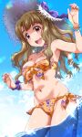  1girl :d bangs bikini bracelet breasts brown_eyes brown_hair commentary_request dutch_angle hat highres idolmaster idolmaster_million_live! jewelry large_breasts long_hair miyao_miya navel necklace ocean open_mouth run_p_(aveton) side-tie_bikini smile solo stomach strapless strapless_bikini straw_hat swimsuit thick_eyebrows wading water 
