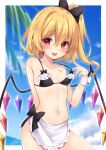  1girl :d apron bangs bare_shoulders bikini black_bikini black_bow blonde_hair blue_sky bow breasts contrapposto cowboy_shot crystal day fang flandre_scarlet hair_between_eyes highres looking_at_viewer miy@ navel no_headwear one_side_up open_mouth outdoors palm_tree red_eyes signature skin_fang sky small_breasts smile solo strap_pull swimsuit touhou tree wings 