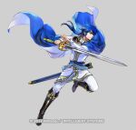  1boy armor ascot bangs belt black_footwear blue_belt blue_cape blue_eyes blue_hair boots cape cosplay fire_emblem fire_emblem:_genealogy_of_the_holy_war fire_emblem_heroes full_body grey_background hair_between_eyes headband holding holding_sword holding_weapon jacket long_hair long_sleeves low_ponytail male_focus official_art pants scabbard seliph_(fire_emblem) sheath shoulder_armor sigurd_(fire_emblem) sigurd_(fire_emblem)_(cosplay) simple_background solo sword tyrfing_(fire_emblem) wada_sachiko weapon white_ascot white_jacket white_pants 