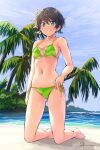  1girl aposine artist_name barefoot beach bikini black_hair blue_eyes breasts closed_mouth collarbone commentary english_commentary green_bikini kneeling looking_at_viewer medium_breasts navel original outdoors short_hair signature smile solo sweat swimsuit tomboy watermark 