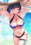  1girl absurdres armpits bangs bikini black_hair blue_hair bob_cut breasts cleavage cloud diagonal_bangs genshin_impact green_eyes hat highres jewelry large_breasts looking_at_viewer mole mole_on_breast multicolored_hair navel ocean parupome shawl short_hair sky smile solo straw_hat swimsuit tassel thigh_strap twitter_username vision_(genshin_impact) water yelan_(genshin_impact) 