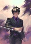  1boy belt belt_buckle black_jacket black_necktie black_pants black_suit buckle collared_shirt cowboy_shot dual_wielding expressionless fighting_stance formal grey_eyes hair_between_eyes hibari_kyouya highres ho_fan holding holding_weapon jacket katekyo_hitman_reborn! long_sleeves male_focus necktie pants purple_shirt shirt short_hair solo spiked_hair suit suit_jacket tonfa walking weapon 