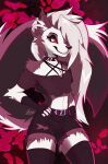  absurd_res anthro belt bottomwear canid canid_demon canine clothed clothing collar crop_top demon ear_piercing female fur grey_body grey_fur hair hand_on_hip hellhound helluva_boss hi_res inner_ear_fluff legwear long_hair looking_at_viewer loona_(helluva_boss) mammal piercing potatokamaos red_sclera shirt shorts simple_background smile solo standing thigh_highs topwear tuft white_body white_eyes white_fur white_hair 