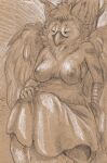  against_natural_surface against_surface against_tree anthro avian bird breasts cadmiumtea duo exposed_breasts eyes_closed feathred_wings female gryphon hand_on_head head_under_clothing head_under_skirt hi_res implied_oral monochrome mythological_avian mythology nipples owl plant sepia solo_focus sona_(noxiis) suggestive traditional_media_(artwork) tree 