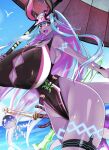  1girl absurdres armpits ass bangs beach blue_hair blunt_bangs breasts commentary_request curvy dark-skinned_female dark_skin fate/grand_order fate_(series) highleg highleg_swimsuit highres hikimayu horns huge_ass huge_breasts ibuki_douji_(fate) looking_at_viewer magatama monster monster_girl one-piece_swimsuit oni oni_horns penis psyche_oreca red_eyes shide solo sportswear standing sweat swimsuit sword tail thick_thighs thighs umbrella weapon wet wind_chime 