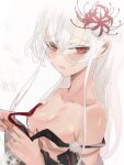  1girl at2. bangs bare_shoulders blush breasts flower hair_between_eyes hair_flower hair_ornament hands_up highres long_hair looking_at_viewer nail_polish original parted_lips red_eyes red_flower red_nails simple_background small_breasts solo spider_lily upper_body white_background white_hair 