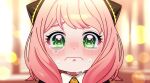  1girl anya_(spy_x_family) bangs blurry blurry_background blush bokeh brooch collared_shirt crying depth_of_field frown green_eyes hairpods jewelry looking_at_viewer memu_0113 nose_blush pink_hair sad shirt short_hair solo spy_x_family tears wavy_mouth 