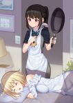  2girls absurdres apron bed black_hair blonde_hair breasts closed_eyes drooling electric_socket frying_pan highres indoors inoue_takina large_breasts light_blush long_hair looking_at_another lycoris_recoil lycoris_uniform messy_hair morning multiple_girls nishikigi_chisato open_mouth pajamas picture_frame pillow pizza_(pizzania_company) plant ponytail purple_eyes sleeping sunlight 