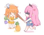  2girls baseball_bat blindfold chef_hat chibi earrings feather_earrings feathers food fruit gradient_hair hat heart highres hololive hololive_english jewelry mori_calliope multicolored_hair multiple_girls orange_hair pineapple pink_hair popokkop takanashi_kiara takodachi_(ninomae_ina&#039;nis) tsundere virtual_youtuber yuri 