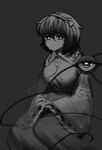  1girl breasts closed_mouth commentary dark dark_background frilled_sleeves frills grey_background greyscale hair_ornament hairband heart heart_hair_ornament highres kelbhin komeiji_satori looking_at_viewer medium_breasts monochrome short_hair simple_background sitting smile solo third_eye touhou wide_sleeves 