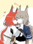  2girls animal_ears arknights ashlock_(arknights) black_shirt blue_eyes closed_eyes crop_top flametail_(arknights) gauntlets grey_hair hair_between_eyes hand_on_another&#039;s_face heart kiss kissing_cheek midriff multiple_girls oripathy_lesion_(arknights) red_hair shirt short_hair short_hair_with_long_locks simple_background squirrel_ears squirrel_girl squirrel_tail tail toto_(t0t00629) upper_body white_background white_shirt yuri 