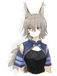  1girl animal_ears arknights ashlock_(arknights) bangs black_shirt blue_eyes breasts cropped_arms cropped_torso crossed_bangs grey_hair hair_between_eyes oripathy_lesion_(arknights) shirt short_hair simple_background small_breasts solo squirrel_ears squirrel_girl squirrel_tail tail toto_(t0t00629) upper_body white_background 