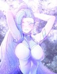  1girl arm_strap bangs blue_hair blush breasts collarbone commission hair_over_one_eye halter_top halterneck highres k/da_all_out_seraphine_superstar korean_commentary large_breasts league_of_legends leaning_to_the_side lolboja long_bangs long_hair looking_at_viewer official_alternate_costume parted_lips ponytail seraphine_(league_of_legends) solo very_long_hair 