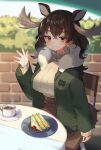  1girl alternate_costume animal_ears antlers blush breath brown_hair casual commentary commission earrings food green_jacket jacket jewelry kemono_friends kemono_friends_3 long_hair long_sleeves moose_(kemono_friends) moose_ears moose_girl moose_tail noamem sandwich sitting skeb_commission solo sweater tail turtleneck turtleneck_sweater waving white_sweater yellow_eyes 