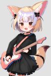  1girl :d absurdres alternate_costume animal_ear_fluff animal_ears black_choker black_dress black_nails blonde_hair blush brown_eyes choker commentary cowboy_shot dress extra_ears fennec_(kemono_friends) fox_ears fox_girl fox_tail grey_background guitar highres instrument kemono_friends long_sleeves looking_at_viewer multicolored_hair nail_polish noamem open_mouth short_hair simple_background smile solo tail thigh_strap two-tone_hair white_hair 