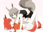  2girls animal_ears arknights ashlock_(arknights) black_shirt black_shorts extra_ears eye_contact flametail_(arknights) grey_background grey_hair grin hug looking_at_another midriff multiple_girls orange_shirt oripathy_lesion_(arknights) red_hair shirt short_hair short_hair_with_long_locks short_sleeves shorts simple_background sleeveless sleeveless_shirt smile squirrel_ears squirrel_girl squirrel_tail sweatdrop t-shirt tail toto_(t0t00629) white_shirt yuri 