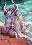 1girl ass bare_shoulders beach blue_hair breasts cup curvy dark-skinned_female dark_skin fate/grand_order fate_(series) highres horns huge_ass huge_breasts ibuki_douji_(fate) ibuki_douji_(first_ascension)_(fate) ibuki_douji_(swimsuit_berserker)_(fate) large_breasts looking_at_viewer m0_chi monster monster_girl oni_horns pool red_eyes solo swimsuit tail wet 