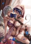 2girls angel_wings bed blanket blue_eyes blue_flower blue_hair blue_nails blue_rose book bow bow_panties braid breasts cleavage commentary_request curtains doremy_sweet eyelashes feathered_wings fingering flower french_braid grey_hair haruno_(kuromitugozen) hat highres holding holding_book indoors kishin_sagume large_breasts lingerie looking_at_viewer multiple_girls navel nightcap panties petals pillow pom_pom_(clothes) red_eyes rose rose_petals shiny shiny_hair short_hair single_wing tail tapir_tail thick_thighs thighhighs thighs touhou underwear wings yuri 