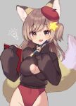  1girl animal_ear_fluff animal_ears annytf art_brush black_gloves black_sweater breasts brown_eyes brown_hair brush cleavage cleavage_cutout clothing_cutout commission fingerless_gloves fox_ears fox_girl fox_tail gloves grey_background groin hair_ornament hand_to_own_mouth hat highleg highleg_leotard highres indie_virtual_youtuber leotard leotard_under_clothes long_hair no_pants noamem one_side_up open_mouth paintbrush red_headwear red_leotard simple_background skeb_commission sketchbook smile solo star_(symbol) star_hair_ornament sweater tail thighs upper_body virtual_youtuber 