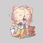  1girl absurdres alpaca_ears alpaca_girl alpaca_suri_(kemono_friends) alpaca_tail animal_ears baby bib blue_eyes blush bottle floral_print hair_over_one_eye hair_tubes highres japari_symbol kemono_friends milk_bottle noamem onesie pacifier pajamas short_hair solo stuffed_animal stuffed_toy tail teddy_bear white_hair yellow_pajamas younger 