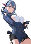  1girl ako_(blue_archive) bangs bell black_skirt blue_archive blue_dress blue_eyes blue_hair blue_hairband blush breasts buttons clipboard deca_purio double-breasted dress garter_straps gloves gun hair_between_eyes hair_ribbon hairband half_gloves holding holding_clipboard holster large_breasts long_hair long_sleeves looking_at_viewer miniskirt neck_bell ribbon short_dress sideboob simple_background skirt solo thighs underbust weapon white_background 