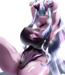  absurdres armpits ass breasts cleavage cleavage_cutout clothing_cutout competition_swimsuit curvy dark-skinned_female dark_skin fate/grand_order fate_(series) hand_up highres horns huge_ass huge_breasts ibuki_douji_(fate) ibuki_douji_(swimsuit_berserker)_(fate) large_breasts looking_at_viewer monster monster_girl one-piece_swimsuit oni_horns red_eyes revealing_clothes seductive_smile sitting smile sweat swimsuit thick_thighs thighs 